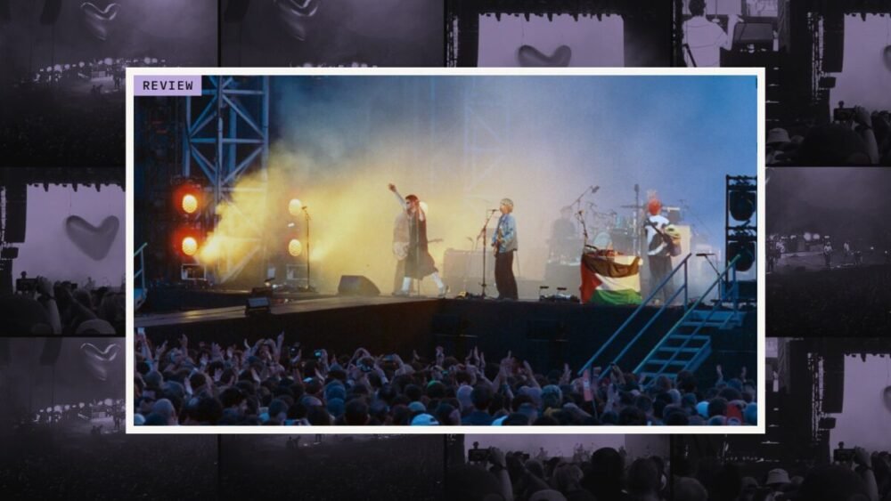 Fontaines D.C. on stage at Primavera Sound Porto in June 2025, the singer with one arm raised in yellow stage smoke above a crowd with raised hands, framed in white over a dim lilac grid of photos from the band's 2024 Brussels and 2025 Rock en Seine shows.