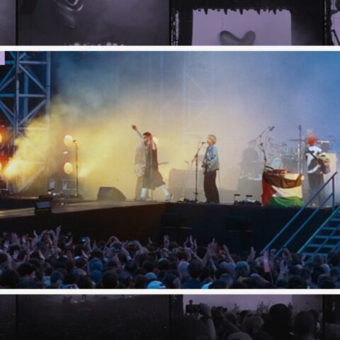 Fontaines D.C. on stage at Primavera Sound Porto in June 2025, the singer with one arm raised in yellow stage smoke above a crowd with raised hands, framed in white over a dim lilac grid of photos from the band's 2024 Brussels and 2025 Rock en Seine shows.