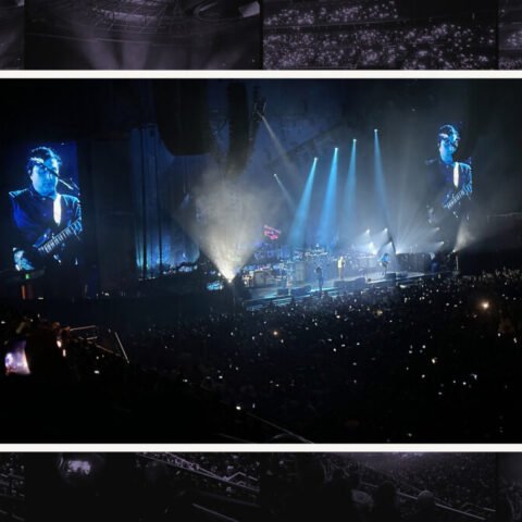 Collage: My Chemical Romance on stage under blue spotlights at Qudos Bank Arena in Sydney in March 2023, framed over tinted crowd shots from the same show