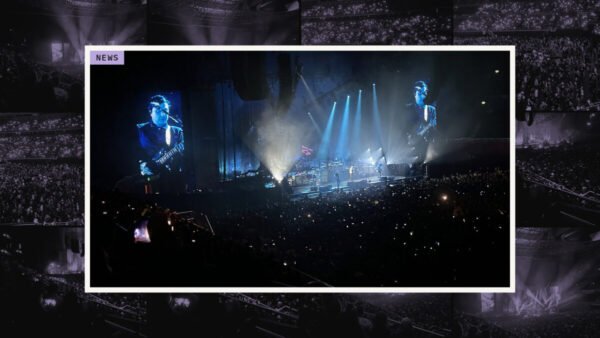 Collage: My Chemical Romance on stage under blue spotlights at Qudos Bank Arena in Sydney in March 2023, framed over tinted crowd shots from the same show