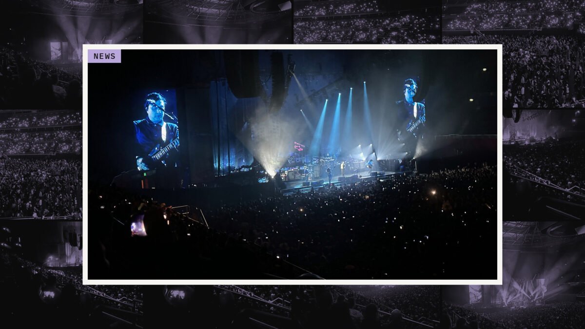 Collage: My Chemical Romance on stage under blue spotlights at Qudos Bank Arena in Sydney in March 2023, framed over tinted crowd shots from the same show